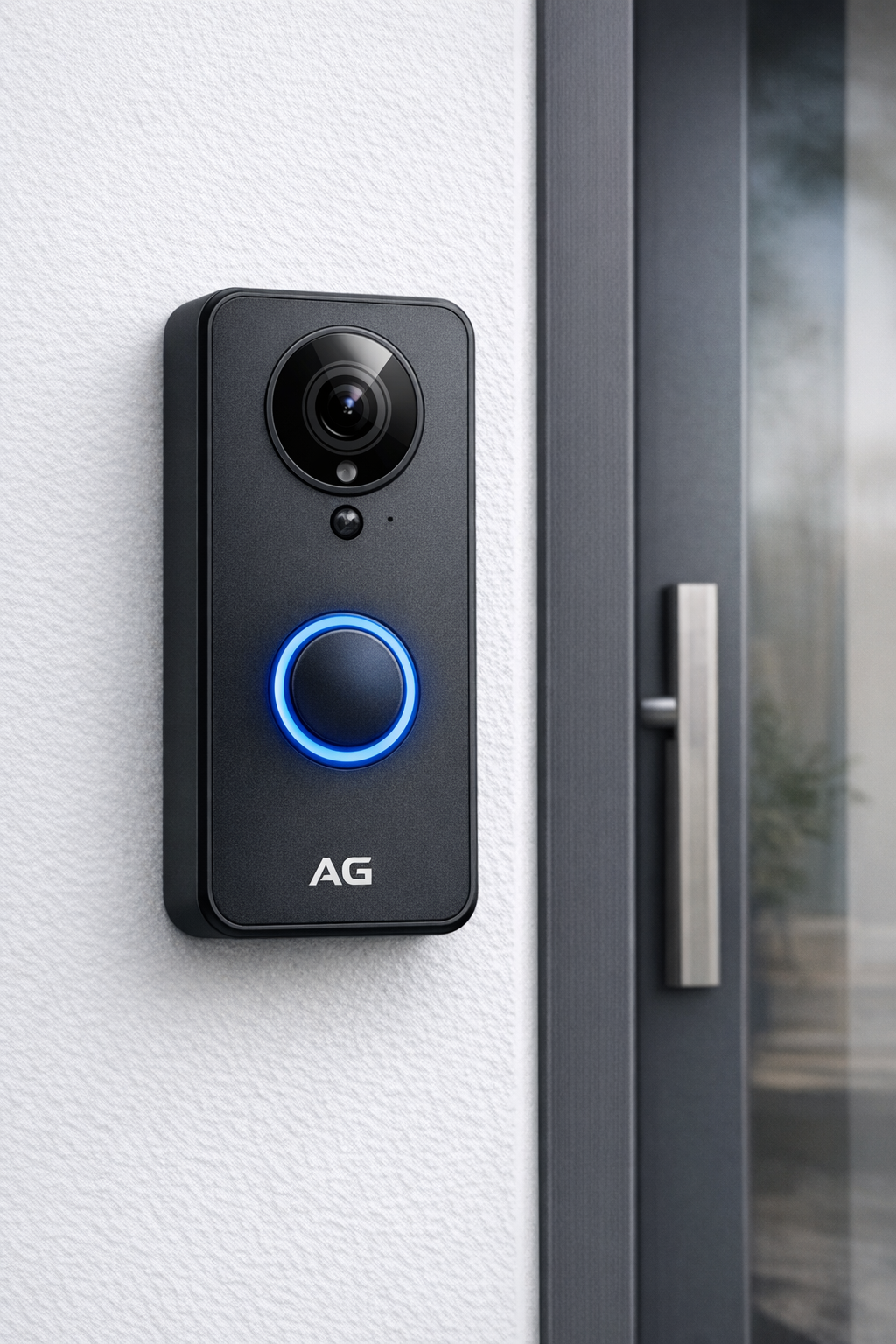 A sleek AG video doorbell mounted beside a modern front door. It features a matte black finish, circular HD camera lens, blue LED ring around the button, and white AG logo near the base. The clean white wall and reflective door surface highlight its minimalist smart home design.