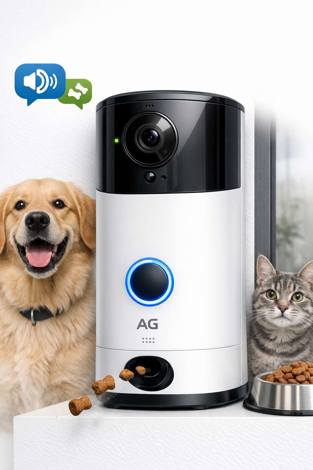 A modern white AG Pet Camera with black accents featuring a large HD lens, treat dispenser slot, and AG logo. A golden retriever and gray tabby cat are beside it, with treats mid-air showing the dispenser in action.